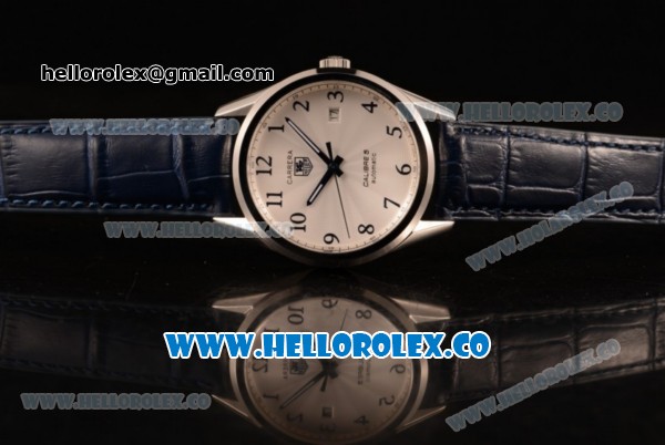 Tag Heuer Carrera Calibre 5 wiss ETA 2824 Automatic Steel Case with White Dial and Blue Leather Strap - Click Image to Close